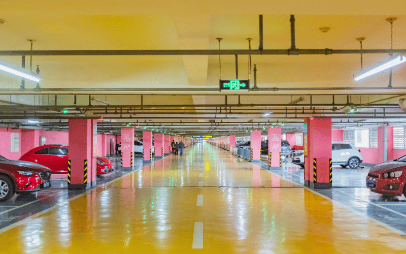 yellow red polyaspartic floor in fort worth parking garage